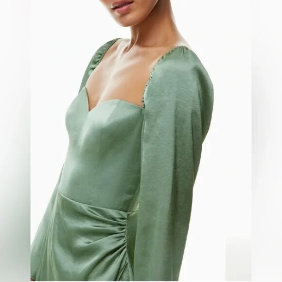 Aritzia Wilfred Anfora Satin Long Sleeve Dress Gallery Green Sage Size 4 - Picture 3 of 9